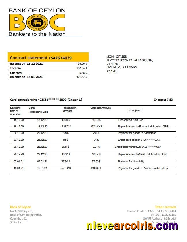 Sri Lanka Bank of Ceylon bank statement in Word and PDF format, good for address prove